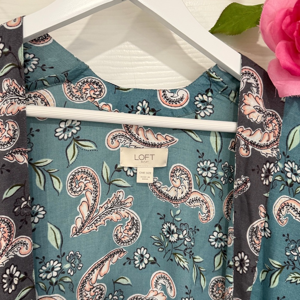Ann Taylor LOFT Teal Paisley Lightweight Floral Open-Front Kimono - One Size - Picture 3 of 7